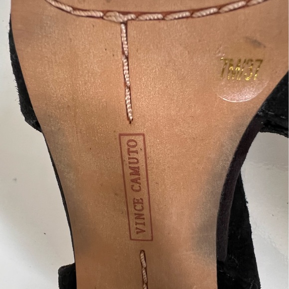 New Vince Camuto Conley Buckle Open Toe Bootie Size 7 Black Suede Stacked Heel - Picture 9 of 16